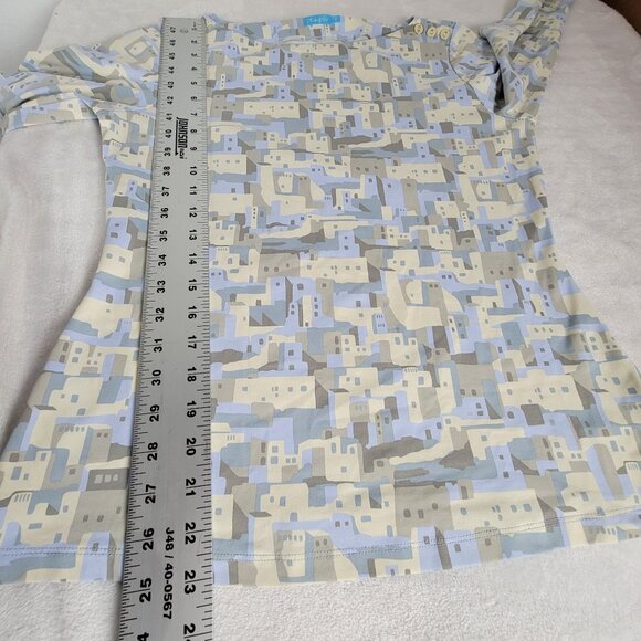 J.McLaughlin Beige & Blue Abstract Print 3/4 Sleeve Boat Neck Top Small Stretch - Picture 8 of 8